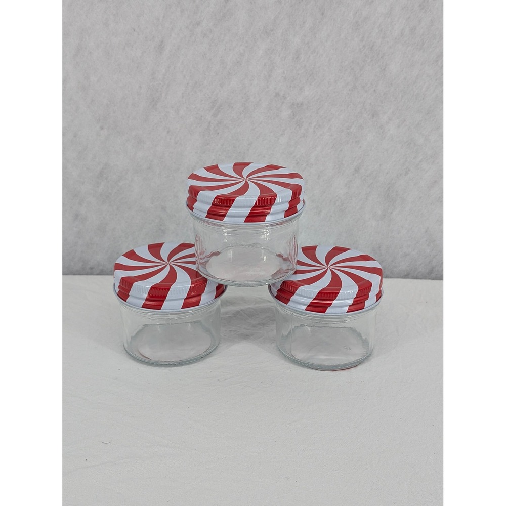 Holiday Style Glass Canister Jar 4 oz Candy Cane Lid Set of 3 Christmas Jar - Picture 2 of 6